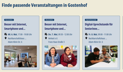 Screenshot von der Angebotsplattform für digitale Teilhabe und Bildung digiquartier.de